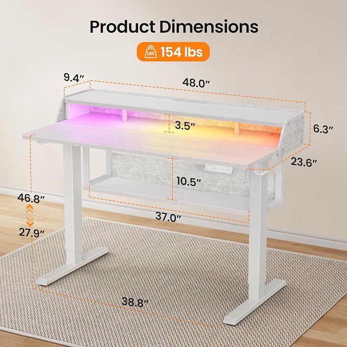ErGear Electric Standing Desk, 48x24 Inch Adjustable Sit Stand Desk with Bookshelf & Monitor Stand, Standing Gaming Desk with LED Light Strip, Stand Up Desk for Home Office, White | Raised Monitor Stand, 27.9–46.9 Inch Height Range, 4 Memory Presets, 1...