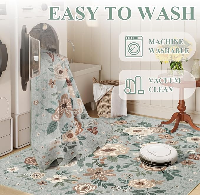 DUKINO Runner Rug, 2.6x8 Kitchen Rugs for Hallway with Non Slip Backing, Washable Low Pile Soft Boho Floral Runner Carpet for Hallway, Kitchen, Entryway, Laundry, Bedroom, Sage Green