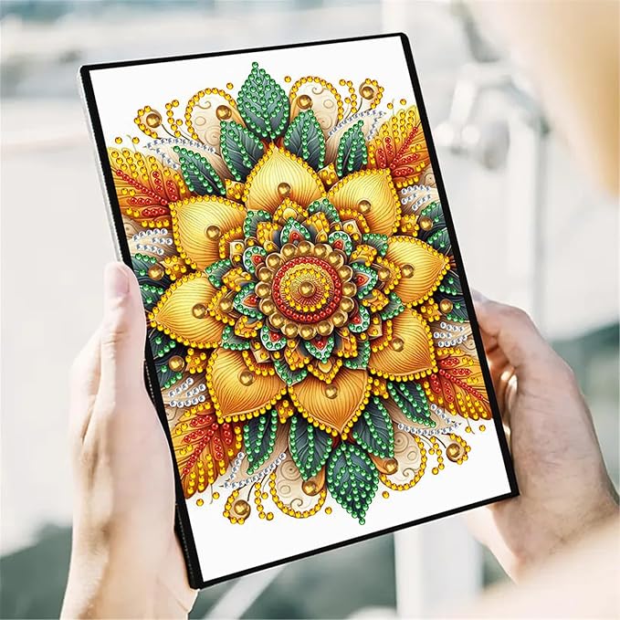 FRANDEK Diamond Art Painting Notebook Kit, Yellow Mandala A5 DIY Journal with 50 Blank Pages, Crystal Rhinestone Cover with Waterproof Canvas, Beginner Craft Set with Full Tools for Adults