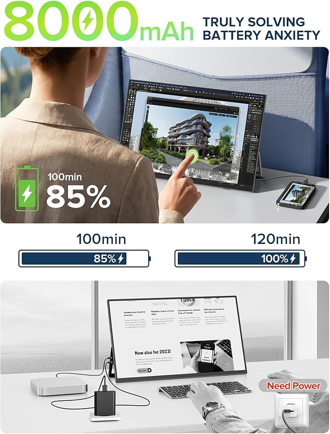 Portable Monitor Touchscreen with Battery 8000mAh, 15.6” 125% sRGB Ultra-Slim 10-Point Touch Screen Monitor, USB-C & MINI HDMI, VESA & Stand, Travel Second Screen for Laptop, Computer, Game Consoles