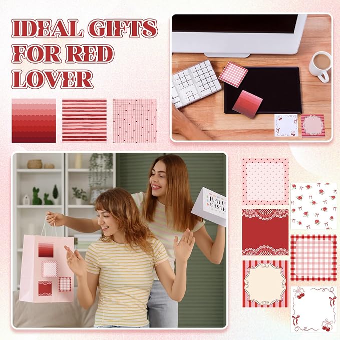 9 Pcs Aesthetic Sticky Notes Cute Pastel Self Stick Notepads Easy to Post Desk Supplies for Home Office Decor School Accessories Women Birthday Coworker Gifts(Red)
