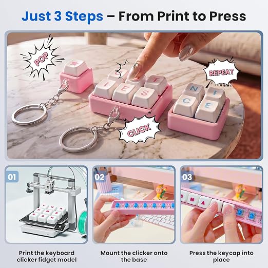 75PCS Keyboard Clickers for 3D Prints, Crisp Clicks, Strong Tactile Bump, Dustproof, 3-Pin Blue Mechanical Keyboard Switches for 3D Printed Clicker Fidget, Extra 15PCS Metal Keychain