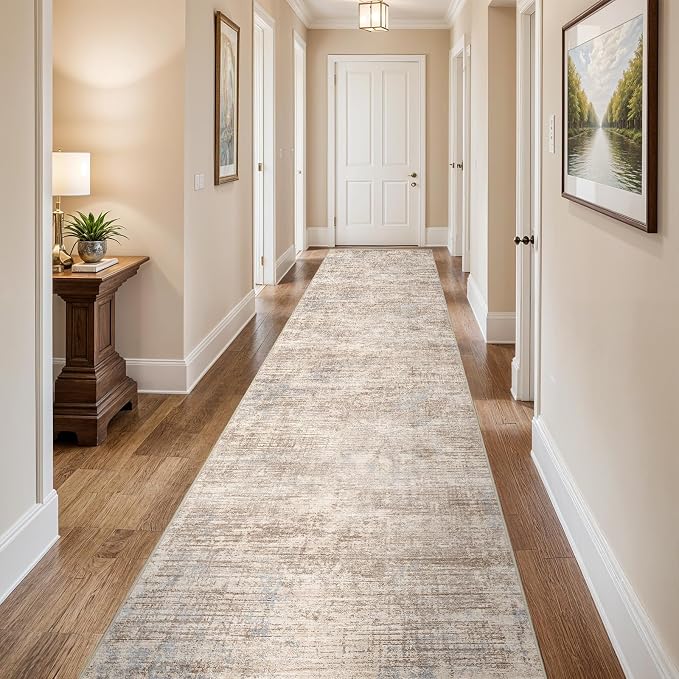 3x14 Hallway Washable Runner Rug - Non-Slip Kitchen Rugs with Rubber Backing Abstract Low-Pile Carpet Runners for Laundry Room Home Decor Bedroom Bathroom Entryway (Ivory Beige Distressed,3x14)