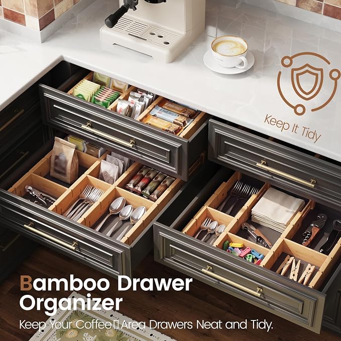 Bamboo Drawer Dividers 6 Pack with Inserts, Kitchen Adjustable Drawer Organizers for Home, Bedroom, Dresser, Expandable Organization 6 Dividers with 12 Inserts