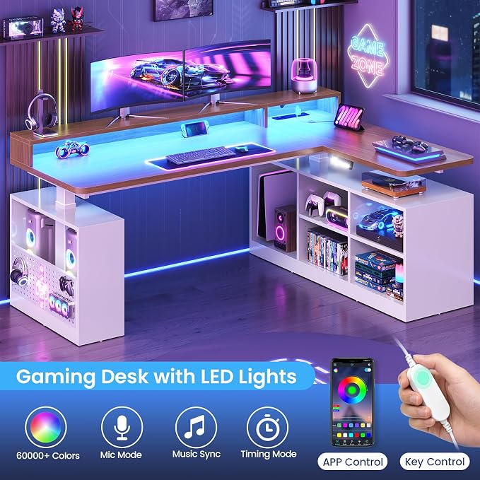SEDETA L Shaped Electric Standing Desk, 63 inch Gaming Computer Desk with Storage Shelves and LED Lights, Height Adjustable Office Desk with Power Outlet and Pegboard, Brown Desktop