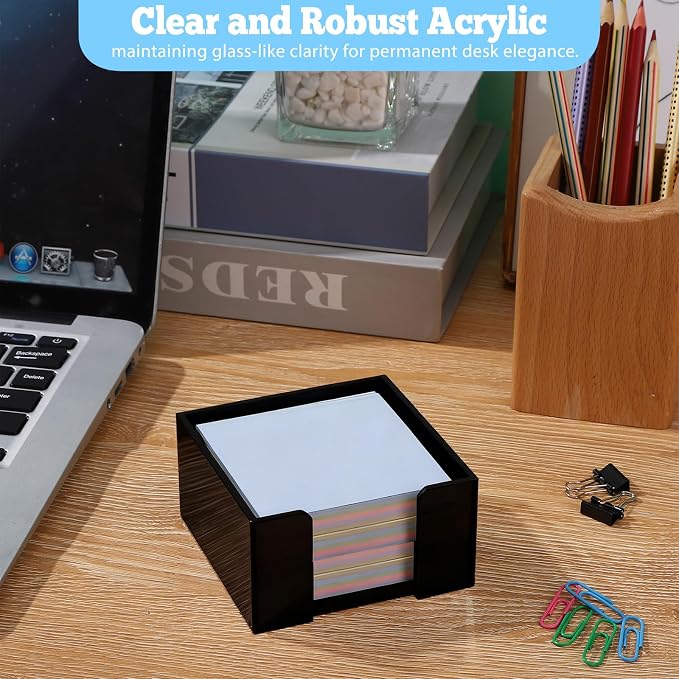 Black Acrylic Sticky Note Holder, 3x3 Crystal Clear Notepad Holder with Anti-Slip Base Post It Note Holder Sticky Note, Dispenser for Office Desk, Home Organizer