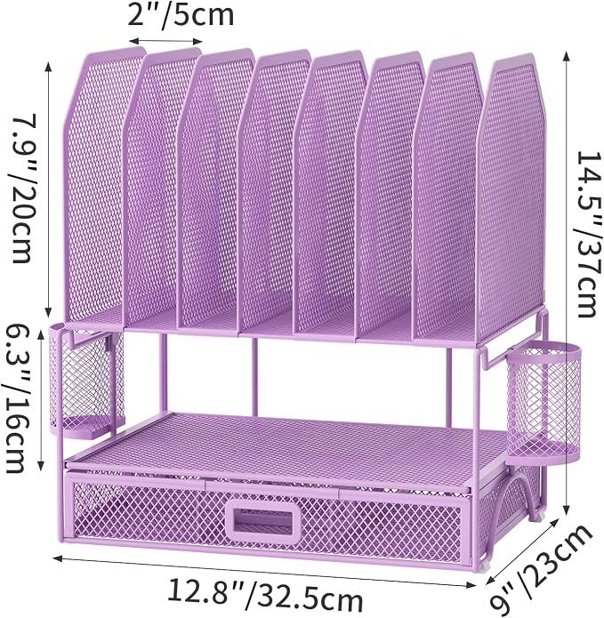 FANXIYQ Metal Desk Organizer with Sliding Drawer, 7-Section File Organizer for Desk, Desktop File Folder & Paper Organizer with 2 Hanging Pen Holders, Office Supplies Organizer, Purple