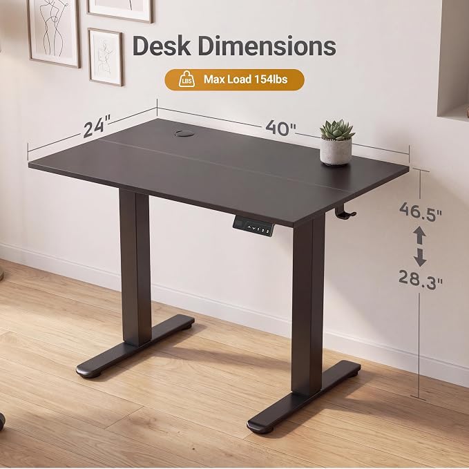 Claiks Electric Standing Desk, 40x24 Inch, Black | Adjustable height for sit-stand, 156lbs capacity, scratch-resistant surface, 3 memory presets, cable management & hook.