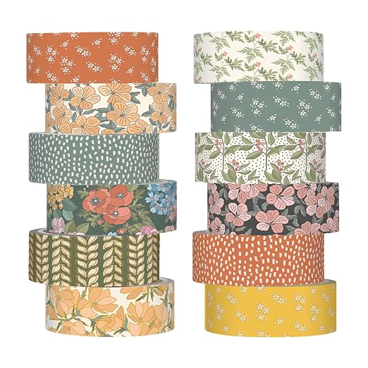 12 Rolls Watercolor Floral Washi Tape Set 15 mm Vintage Flower Decorative Masking Tape for Summer School Arts DIY Craft Scrapbook Journal Supplies Gifts(Warm Tones,Botanic)