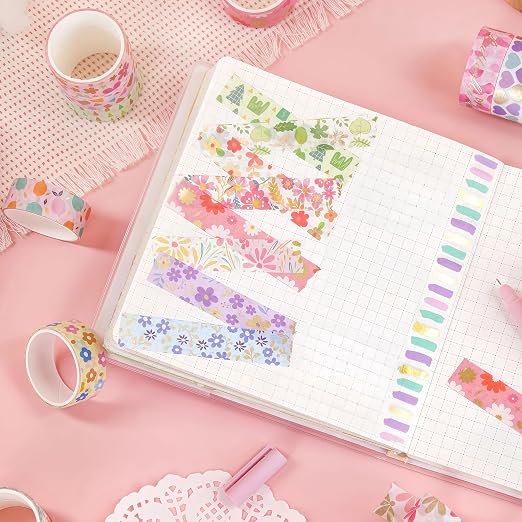 60 Rolls Washi Tape Set, 15 mm Gold Foil Cute Pattern Floral Decorative for Journaling Supplies