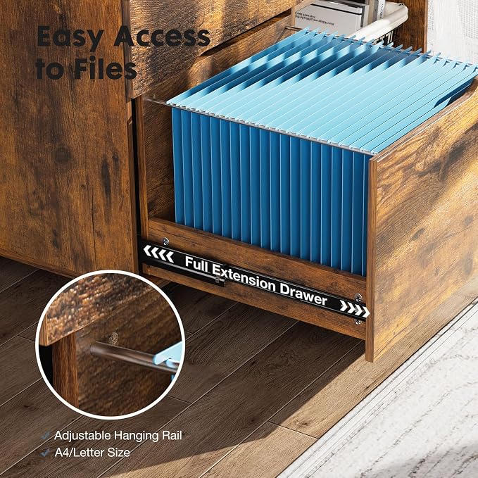 DUMOS Wood File Cabinet with 3 Drawers, Rolling Printer Stand | Under Desk Storage Organizer Home Office Space with Shelves for Files and Office Supplies, Rust
