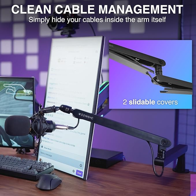 Sensic SA-30 LP Low Profile Microphone Boom Arm, 360° Rotatable Mic Stand, Low Profile Microphone arm for streaming with Cable Management, Professional Mic Arm, Mic Boom Arm Black