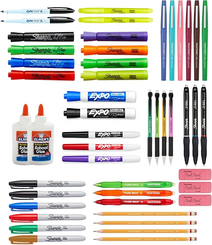 Sharpie School Supplies Variety Pack, BTS Teacher Pack, Expo, Paper Mate, Elmer’s Glue Sticks, Pourable Glue, Pencils, Dry Erase Markers, Highlighters, and More, 48 Count