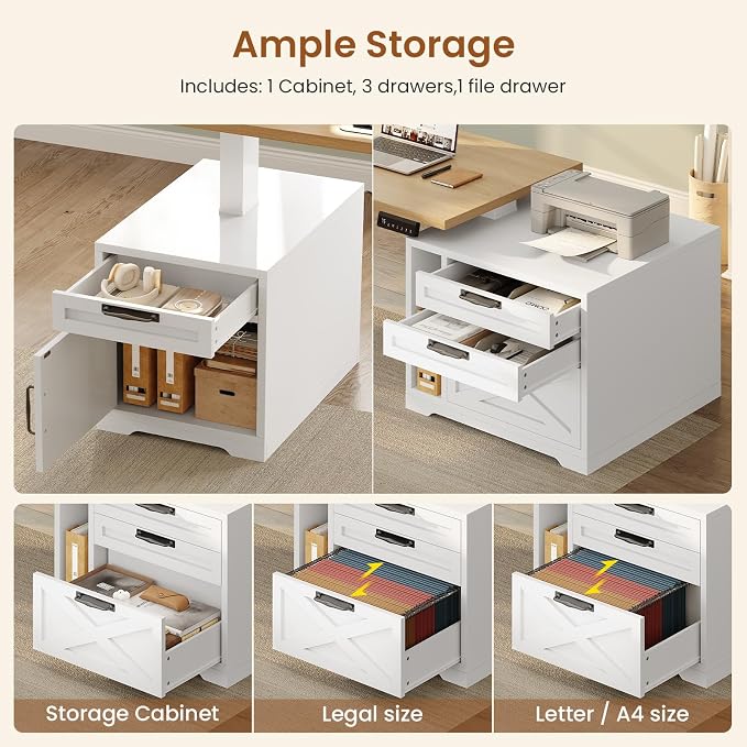 SEDETA Farmhouse L Shaped Standing Desk, 70.1" x 73.2" Height Adjustable Home Office Executive Desk with Drawers, Power Outlet, Monitor Stand, Sit Stand Table with Led Lights for Home Office, Oak