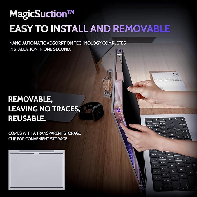 Privacy Screen for MacBook Pro 14 Inch (2021-2025, M1, M2, M3, M4, M5), MagicSuction™ Removable Anti Spy Black Protector, Glare Blue Light Filter for Mac Laptop Computer