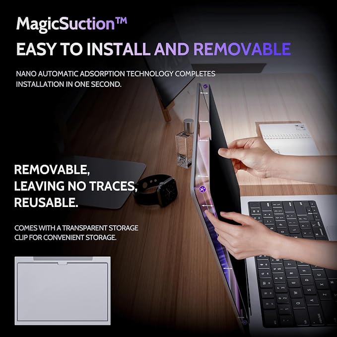 Peslv Privacy Screen for MacBook Pro 16 Inch (2021-2026, M1, M2, M3, M4, M5), MagicSuction™ Removable Anti Spy Black Protector, Glare Blue Light Filter for Mac Laptop Computer