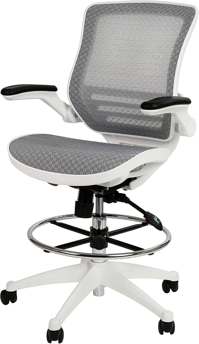 Flash Furniture Waylon Mid-Back Swivel Office Chair with Adjustable Foot Ring and Seat Height, Ergonomic Mesh Chair with Armrests, Gray/White | White Frame, Mid-Back, Flip-Up Arms, Mesh Back