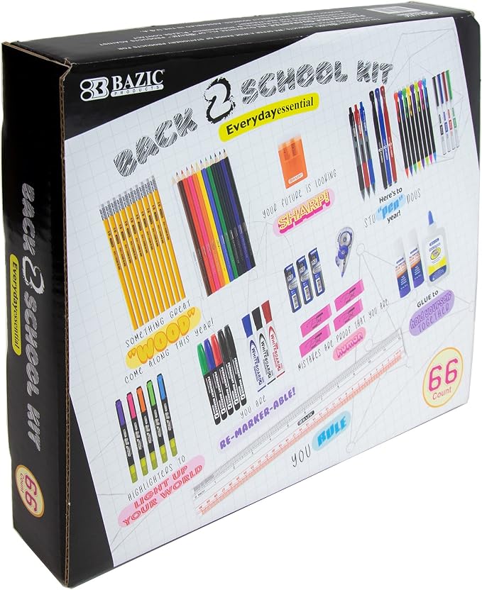 BAZIC PRODUCTS Back to School Supplies Kit, 66 Pieces, for Students Teachers Donations