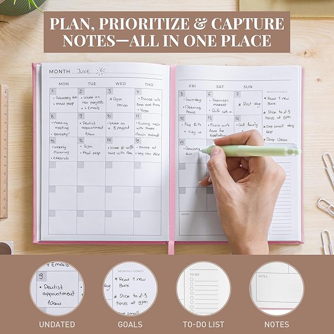 Rileys & Co Undated Daily Planner 8 x 6 in, Day Schedule Planner & Agenda Book, Journal with Goal & Habit Tracker, No Dates Dateless Annual Organizer for Work, School & Home - Pink