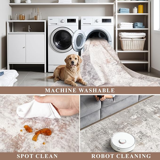 2x6 Washable Non-Slip Hallway Runner Rug – Modern Abstract Soft Carpet Runner for Kitchen, Bedroom with Rubber Backing – Low-Pile Thin Stain-Resistant Rug for Laundry Room, Entryway – Beige/Grey