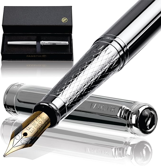 Customized Silver Luxury fountain pen, fancy gift set for women, Chrome Finish, Professional executive pen gift set for men (Lux Custom-fountain Silver)