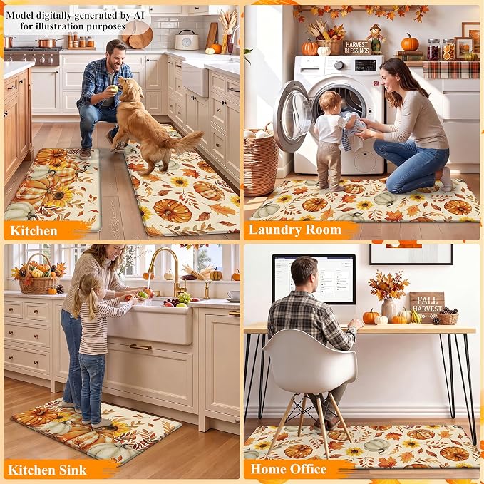 HEBE Fall Kitchen Mat Set of 2, Anti Fatigue Pumpkin Kitchen Mats for Floor | Cushioned Non Slip Autumn Kitchen Rugs and Runner Set, Waterproof Sunflower Maple Leaf Floor Carpet for Harvest Thanksgiving