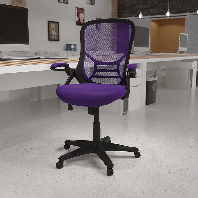 Flash Furniture Porter High-Back Swivel Office Chair with Adjustable Lumbar Support and Seat Height, Ergonomic Mesh Desk Chair with Flip-Up Armrests, Purple/Black