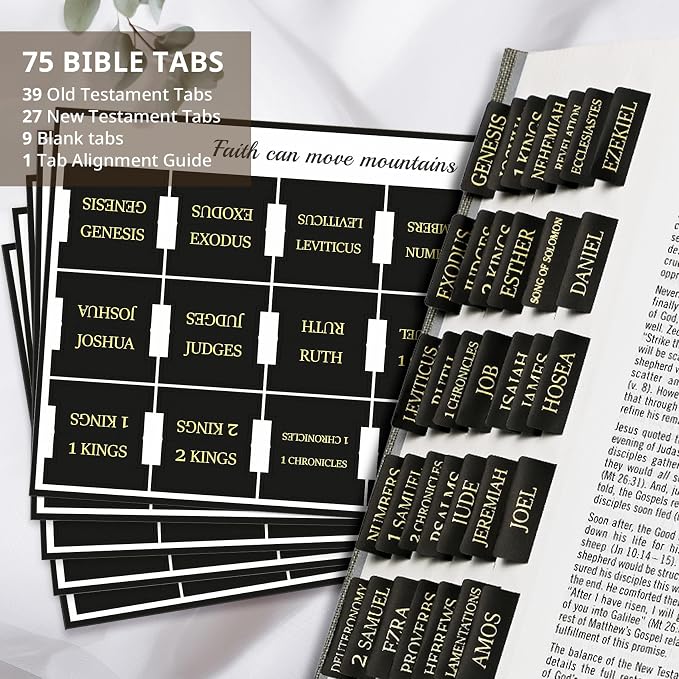 Bible Tabs for Women & Men, Bible Tabs for Study Bible, Large Print Bible Tabs for Easy Navigation, Bible Index Tabs, 66 Tabs Old & New Testament, Extra 9 Blank Tabs - Black