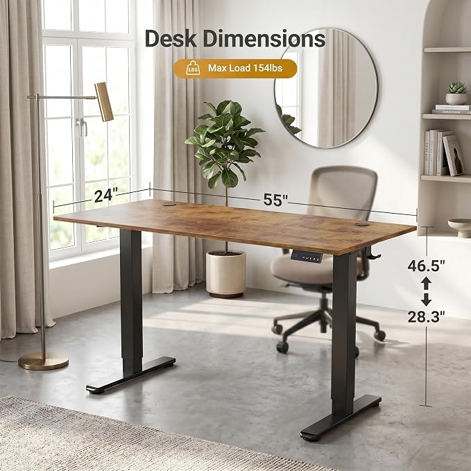 Claiks 55 x 24 Inch Rustic Brown Electric Standing Desk | Adjustable Height, Sit Stand, 3 Memory Presets, Cable Management, Spacious Ergonomic, Home Office & Bedroom