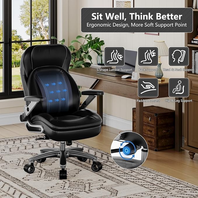 Big and Tall Office Chair, Heavy Duty Desk Chair with 5D Arms, Adjustable Lumbar Support & Height, Tilt Function, PU Leather High Back Ergonomic Executive Computer Chair