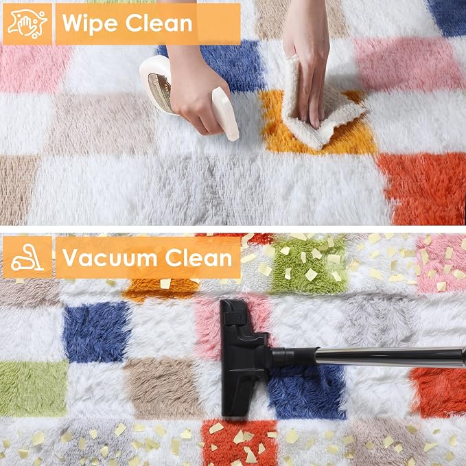KICMOR Rugs for Living Room 5x7, Fluffy Soft Colorful Checkered Shag Area Rug Fuzzy Shaggy Carpet for Bedroom, Indoor Rainbow Plush Rug for Teen Kids Boys Girls Dorm Nursery Home Decor Aesthetic