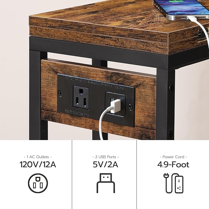 HOOBRO C Shaped Side Table with Charging Station, Foldable End Table with Fabric Bag, Sofa Couch Tray Table for Small Space in Living Room, Bedroom, Rustic Brown and Black BF30USF01