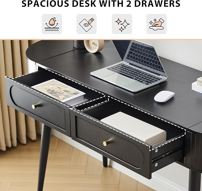 AVZEAR 59" Oval Fluted Home Office Desk, Mid Century Modern Computer Desk Wood Writing Desk with 2 Drawers + 2 Flip Storage, Farmhouse Vanity Table Executive Desk for Study, Living Room, Dorm(Black)