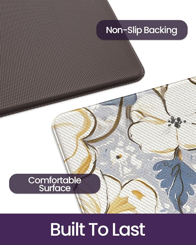 DEXI Kitchen Mats for Floor, 23x59, Cushioned Standing Mat Anti Fatigue, Wide Waterproof Comfort Floral Padded for Laundry Room Office, Blue and Yellow