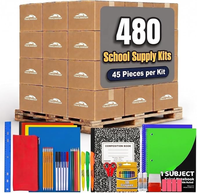 Trailmaker 480 Pack Bulk School Supply Kits | 45 Piece Classroom Supply Sets for Elementary & Middle School | Notebooks, Pencils, Crayons & Essentials | Ready-to-Distribute Kits for Teachers, Districts & Organizations