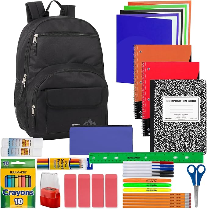 Trail maker Laptop Backpack with School Supplies Kit | 18 Inch Black Multi Pocket Padded Straps, Side Pockets for School Boys, Girls, Travel