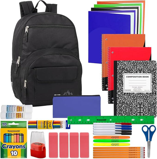 Trail maker Laptop Backpack with School Supplies Kit | 18 Inch Black Multi Pocket Padded Straps, Side Pockets for School Boys, Girls, Travel