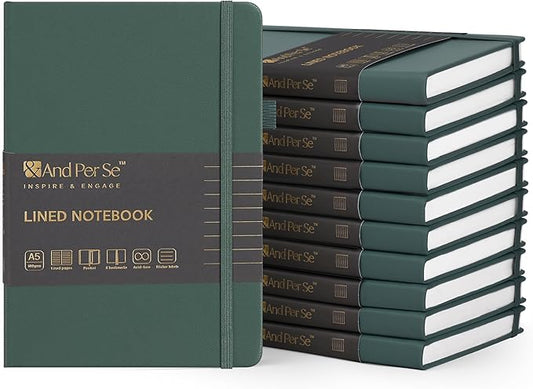 &And Per Se 10-Pack Lined Notebooks, A5 Hardcover, 160 Pages 100gsm Thick Paper, Office Supply Bulk Order, Corporate New Hire Kits, Breakroom Essentials – College Ruled, 10 Units (Green)
