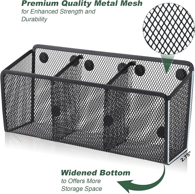 4 Pack Magnetic Pencil Holder for Whiteboard - Multi-Compartment Magnet Pen Holder Storage Basket Organizer for Locker, Refrigerator, Classroom & Office Supplies (Black)