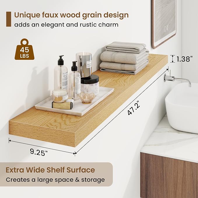 48in Floating Shelves for Wall, 48"W x 9.25"D x 1.25"H, 2 Pack Long Wall Mounted Engineered Wood Shelves with Invisible Brackets for Living Room, Bedroom, Bathroom, Kitchen Decor and Storage, Oak