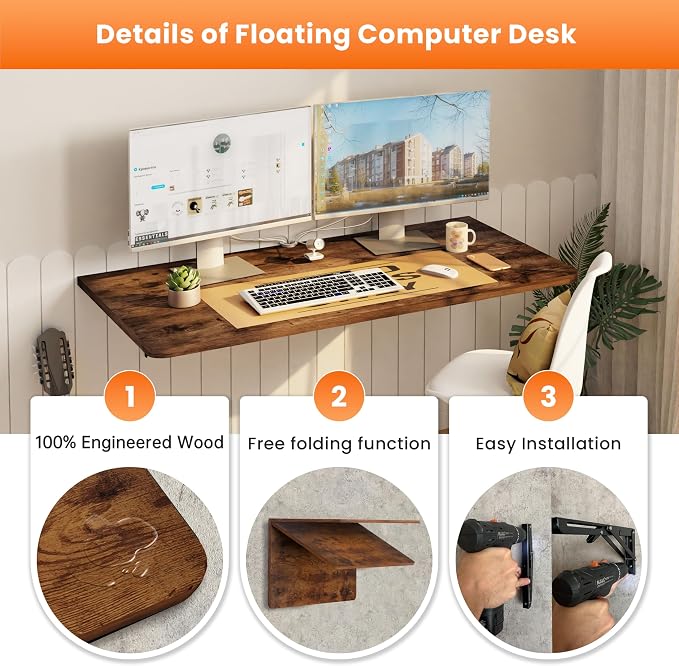 IAE Wall Mounted Floating Foldable Desk, 36" x 22" Folding Computer Workstation Table with Engineered Wood and Metal Shelf Brackets,Fold&Floating Design for Home Office, Apartment,Laundry Room,Rustic