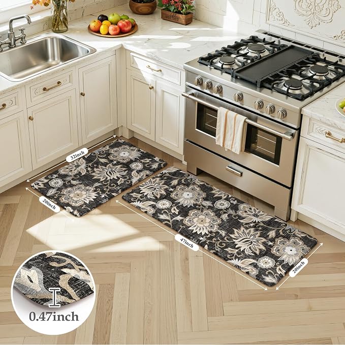 LEEVAN Anti Fatigue Kitchen Mats for Floor, Cushioned Kitchen Mat Set 2PCS | 20"x31"+20"x47", Boho Floral Black Kitchen Rugs Non-Slip Comfort, Waterproof Ergonomic Standing Mat for Laundry, Office, Sink