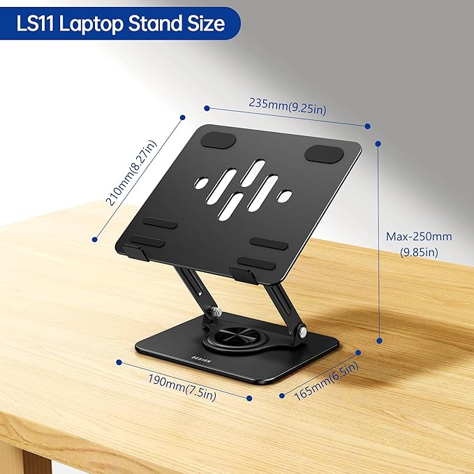 BESIGN Laptop Stand with 360° Rotating Base, Ergonomic Adjustable Notebook Riser, Foldable Computer Holder Compatible with 10-14" Laptops, LS11 Black