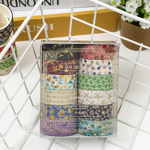 12 Rolls Charming Washi Tape Set Gold Silver Foil Detailing Arts Adhesive Tapes Basic Patterns Decorative Masking Tape Sets for Craft, Kids, Scrapbook, DIY, Gift Wrapping (Mystical Forest)