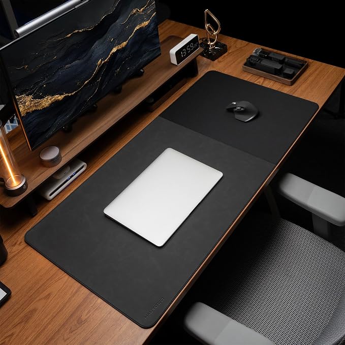 HAUTOCO Cork Desk Mat 31.5"x15.7", Distressed PU Leather & Cloth Desk Pad | Waterproof, Non-Slip, Stitched Edges, Black Large Gaming Mouse Pad, Laptop Blotter & Desk Protector for Office and Home