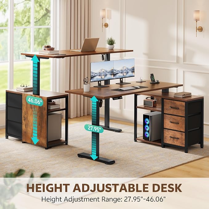 47 Inch L Shaped Desk with 3 Drawers Electric Standing Desks with Storage Computer Table Adjustable Height with Power Outlets 4 Memory Presets for Home Office, Rustic Brown