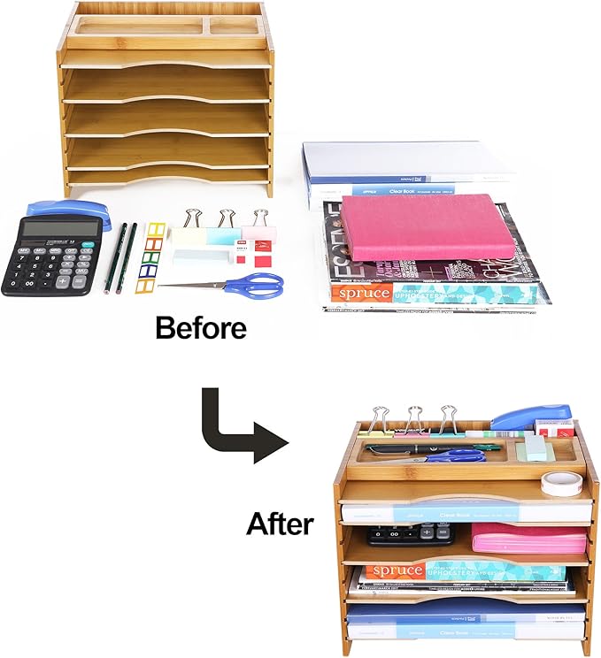 SONGMICS Bamboo File Organizer Paper Sorter with 5 Adjustable Shelves Top Storage Compartments Natural UOFS44Y