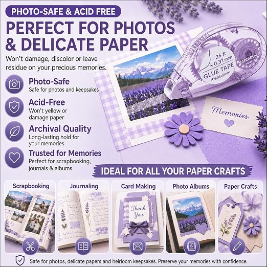 Glue Tape for Scrapbooking, Scrapbook Tape 4 Pcs, Double Sided Tape Roller for Crafts, 26 Ft x 0.31 In Tape Runner, Junk Journal Supplies, Scrapbook Supplies & Craft, Photo, Card Making Supplies.