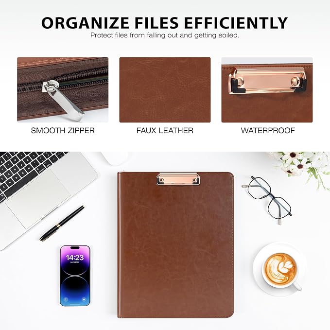 Ospelelf Zippered Padfolio Organizer, Faux Leather 3 Ring Binder with Clipboard, Letter Size Business Portfolio with Notepad, Tablet Sleeve & Phone Pockets for Office Work Brown