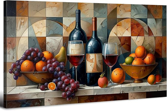 AIYISU Geometric Kitchen Wall Art Abstract Wine Canvas Prints Red Wine Glass and Fruit Pictures Rustic Farmhouse Still Life Painting Wine Bar Decor for Dining Room Restaurant Home Decorations 30x60